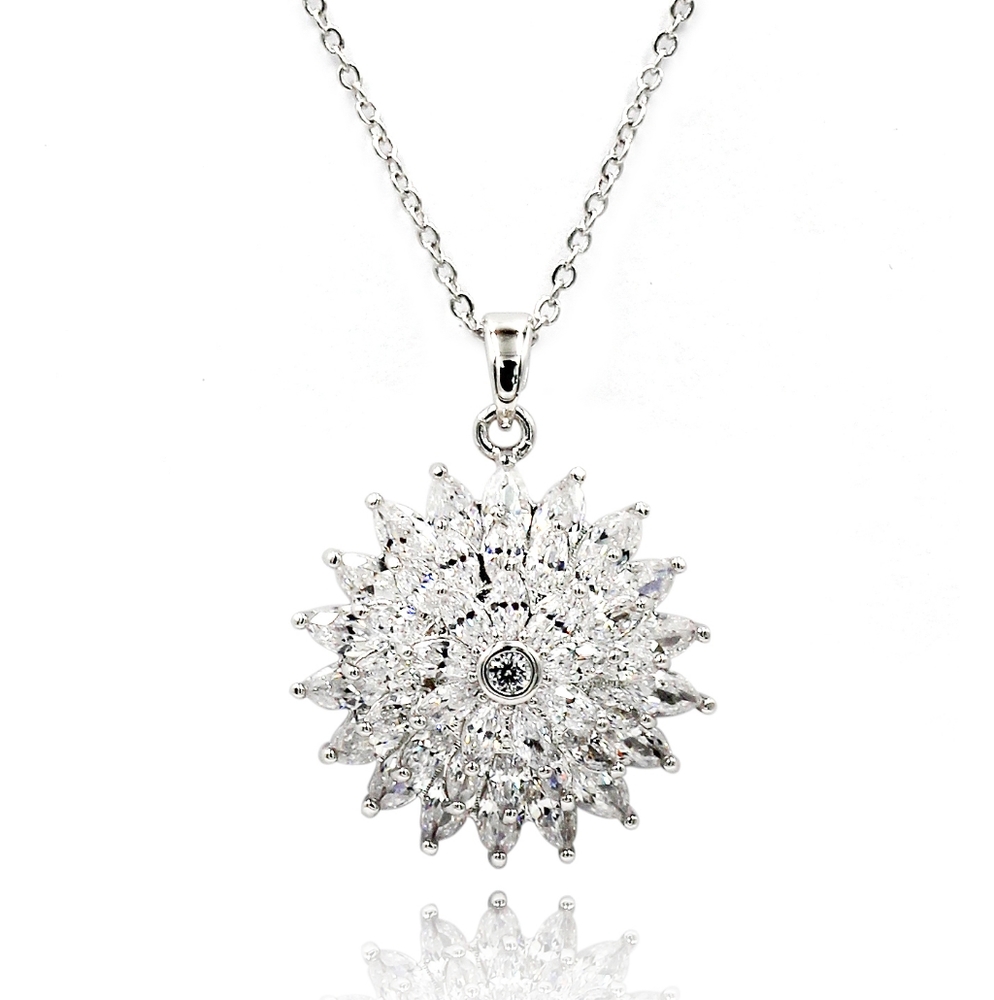 Silver sparkling sunflower crystal silver necklace